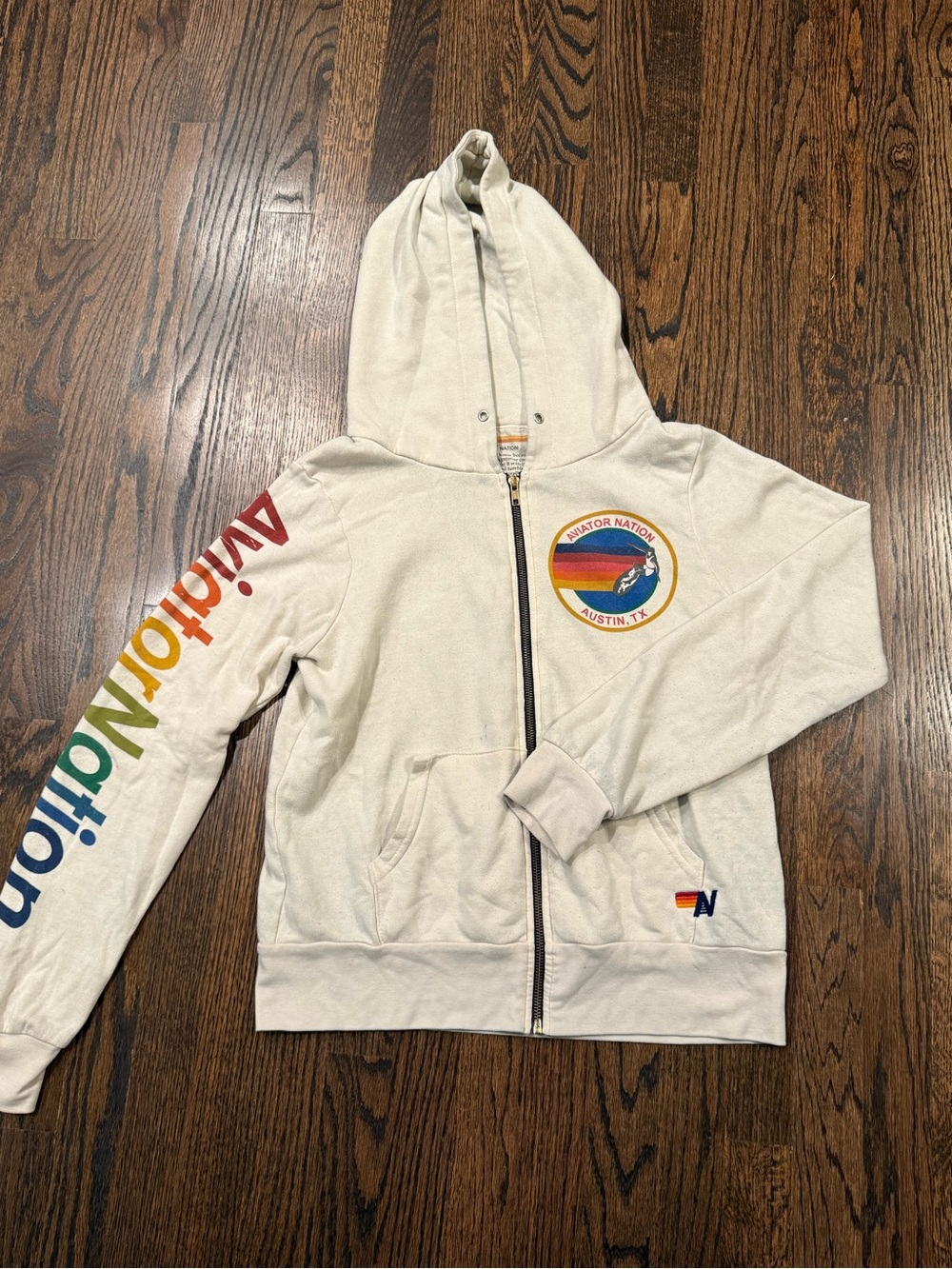 Aviator Nation Kids Cream Full-Zip Hoodie with Rainbow Sleeve Logo